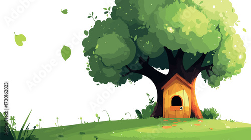 Whimsical cartoon tree with a cozy house built into its trunk on a grassy hill