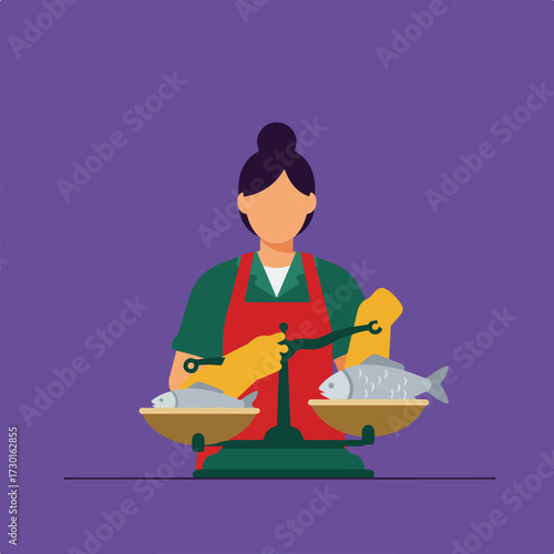 Fishmonger weighing fish with a scale