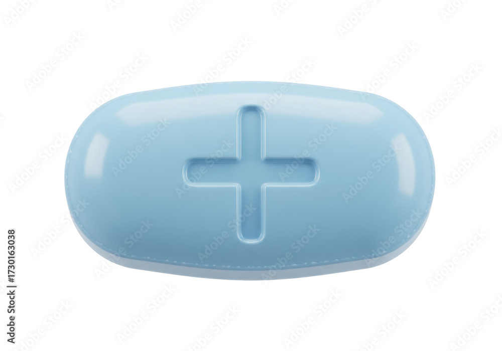 Obraz premium Light blue soap bar with plus sign isolated on transparent PNG, hygiene product for washing hands and body care