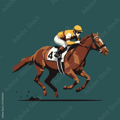 Horse racing, a jockey rides a brown horse with the number 4