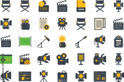 Set of film industry icons flat vector design elements for filmmaking and movie production isolated on white background