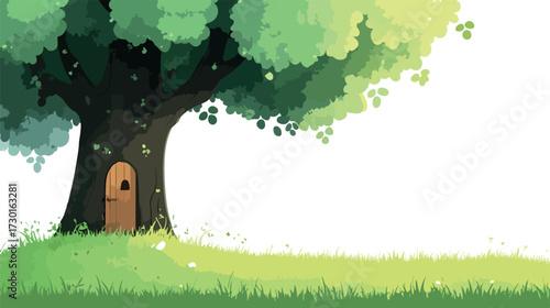 Whimsical cartoon tree with a tiny door nestled in its trunk on a vibrant green grassy hill