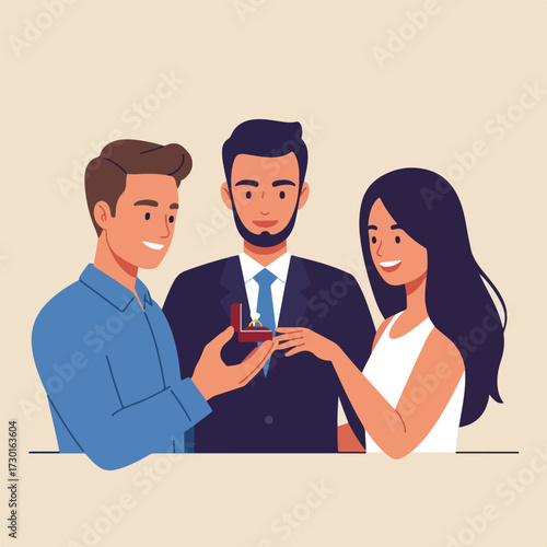 Man proposes with ring to happy woman, man stands nearby in a suit