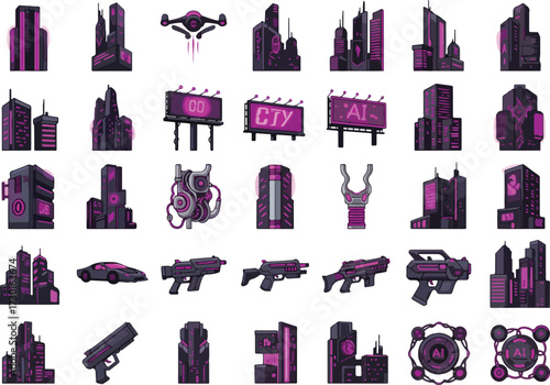 Set of pixel art cyberpunk city icons vector illustrations of futuristic buildings and vehicles isolated on white background