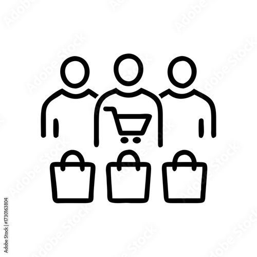 Illustration of three people shopping with shopping bags and cart  