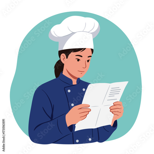Chef in uniform reads a recipe against a teal backdrop