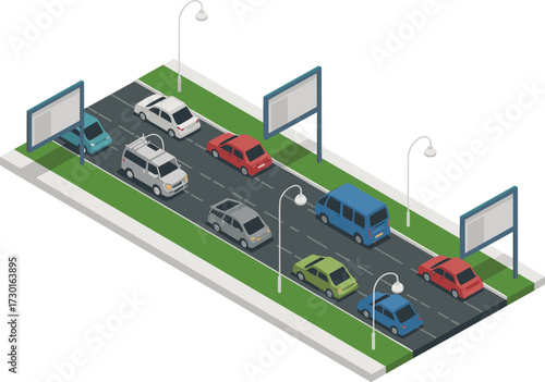Isometric 3D illustration of busy urban road with cars, trucks, traffic, highway, billboards, street lights, transportation concept design