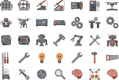 Set of pixel art engineering icons flat vector design elements for app and web design isolated on white background