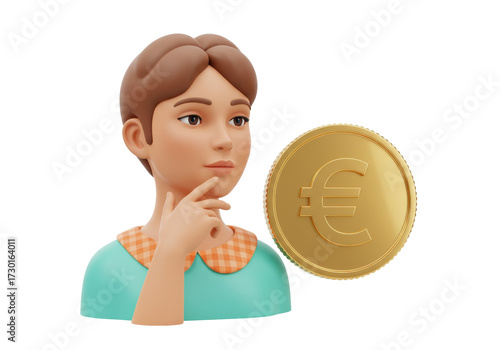 Pensive woman with euro coin isolated on transparent background, 3D render of cartoon character thinking about money and finance