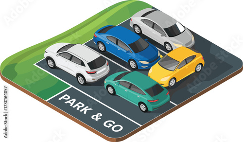 Isometric 3D illustration of busy urban road with cars, trucks, traffic, highway, billboards, street lights, transportation concept design