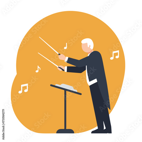 Conductor in a tuxedo with batons leading an orchestra