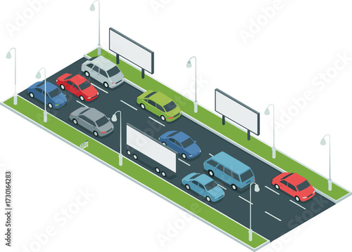 Isometric 3D illustration of busy urban road with cars, trucks, traffic, highway, billboards, street lights, transportation concept design