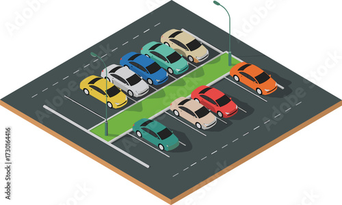 Isometric 3D illustration of busy urban road with cars, trucks, traffic, highway, billboards, street lights, transportation concept design