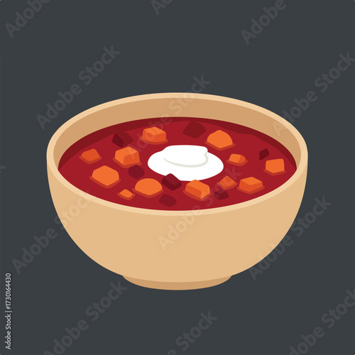 Isometric view of a bowl of soup with cubed vegetables and sour cream