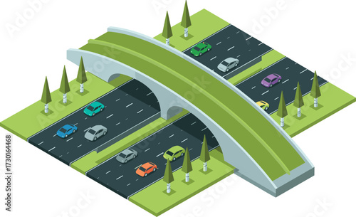 Isometric 3D illustration of highway overpass, modern bridge with cars, urban road infrastructure, traffic transportation, city development, road design