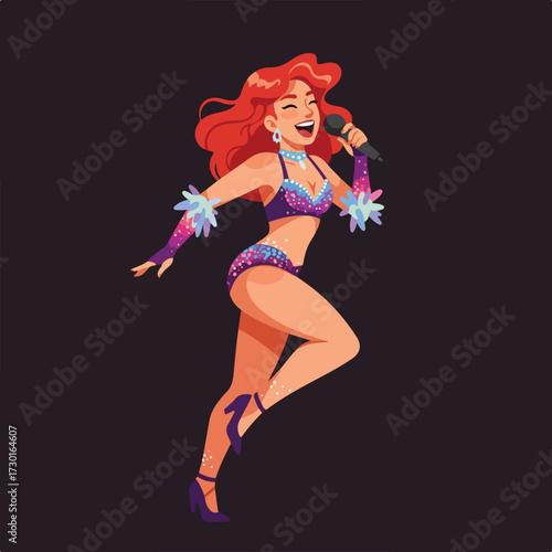 Redhead sings with a microphone, wearing sequined costume