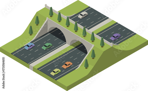 Isometric 3D illustration of highway overpass, modern bridge with cars, urban road infrastructure, traffic transportation, city development, road design