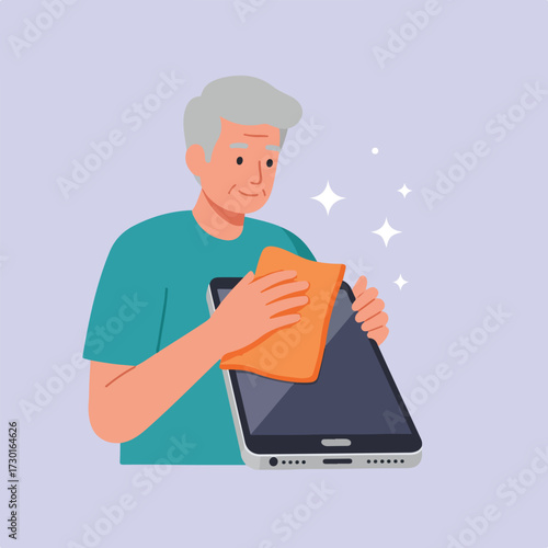 Older man cleaning a tablet with an orange cloth; sparkle effects added