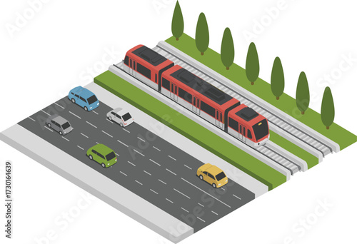 Isometric 3D illustration of modern city road with cars, red train, railway, urban transport, traffic system, public transportation design
