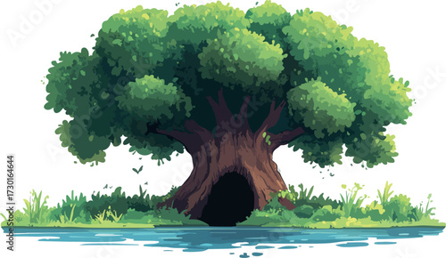 Whimsical cartoon illustration of a large ancient leafy tree with a hollow entrance beside a tranquil blue water stream