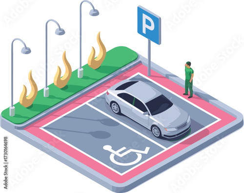 Isometric 3D illustration of modern city road with cars, red train, railway, urban transport, traffic system, public transportation design
