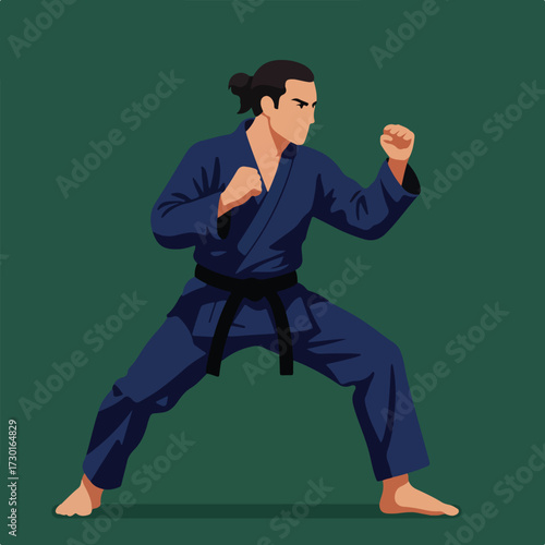 Man in martial arts stance with uniform, black belt, against a green backdrop