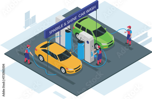 Isometric 3D illustration of modern parking lot, smart parking technology, car navigation system, GPS location, vehicle tracking, mobile app