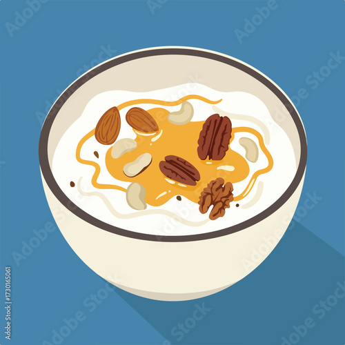 Bowl of yogurt with nuts and honey on blue, cast shadow, eye-level view