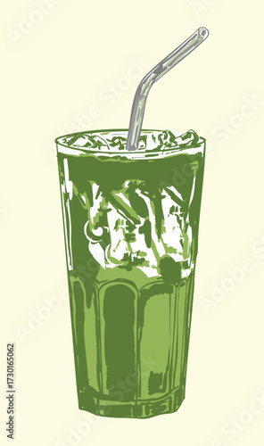 Iced Matcha Latte Illustration – Trendy Green Tea Drink Art