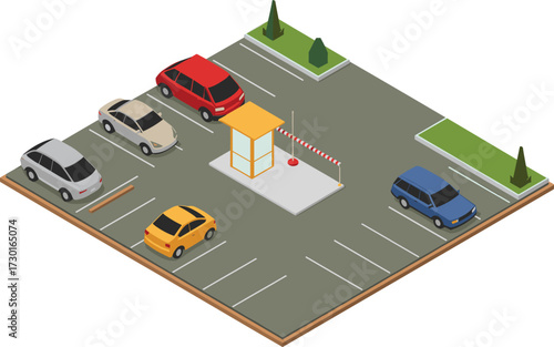 Isometric 3D illustration of modern parking lot, smart parking technology, car navigation system, GPS location, vehicle tracking, mobile app
