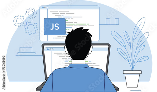 Man coding javascript on laptop, back view, isolated on white background