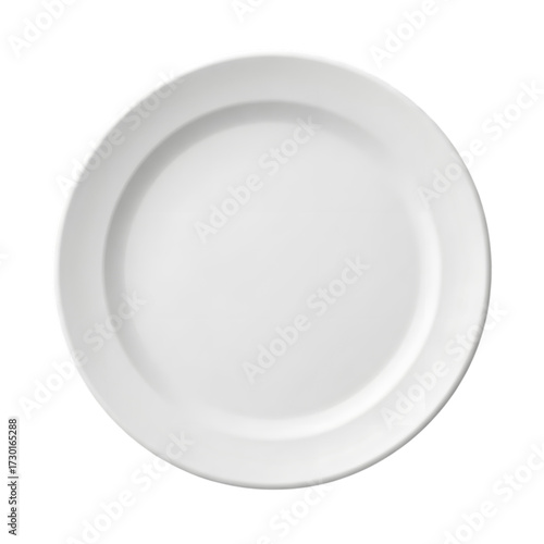 Empty white plate isolated on transparent background, top view, studio shot