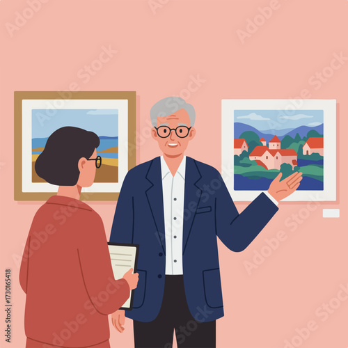 Art gallery curator explains landscape paintings to a viewer