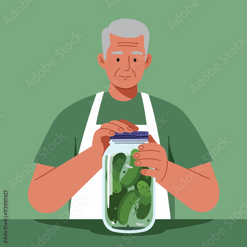 Man with gray hair opening jar of pickles in white apron against green backdrop