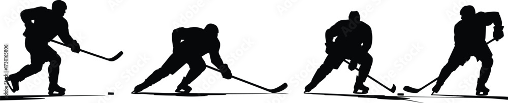 Fototapeta premium Ice hockey players silhouette, dynamic sports action, skating and striking poses, athletic movement illustration, puck control concept, team gameplay art, winter sport scene