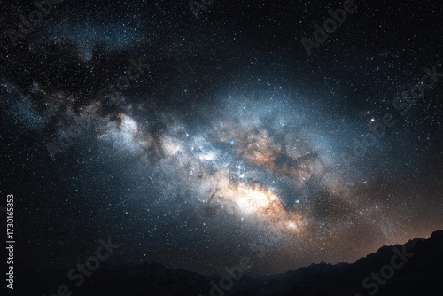 Majestic Milky Way Galaxy Displayed Over Dark Mountain Silhouette, Night Sky.