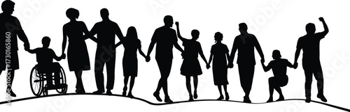 Inclusive community silhouette, diverse people holding hands, unity and support illustration, disability representation, social equality concept, empowerment art, multicultural group together