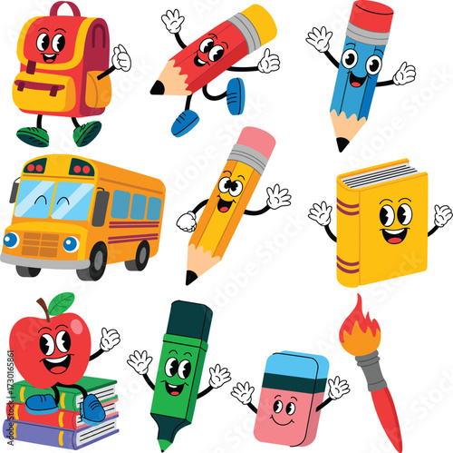 Cartoon school supplies, anthropomorphic objects, educational illustration, smiling backpack, happy pencils, school bus, kids content, playful design, vector clipart, classroom theme, learning tools