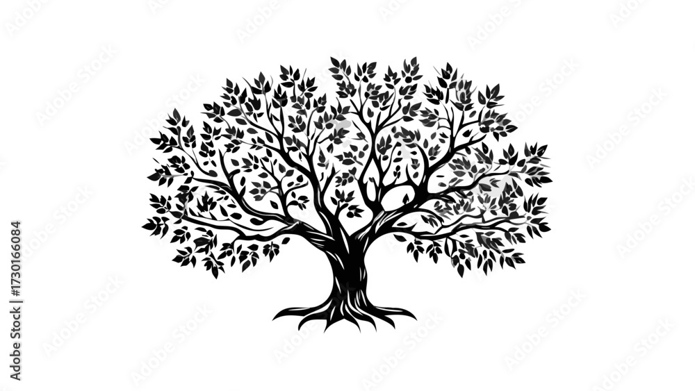Obraz premium Striking silhouette of a majestic tree with abundant foliage, perfect for nature-themed designs or branding, a symbol of growth, strength and resilience