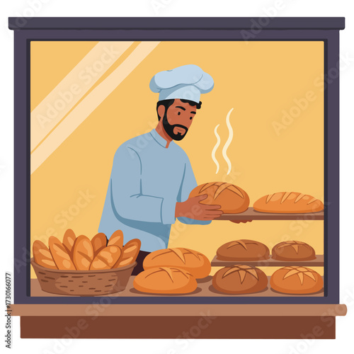 Baker arranging fresh bread in a window display, steam rising from one loaf