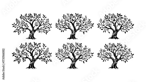 Elegant olive trees collection, symbolizing peace and prosperity in natural designs for branding, invitations, or serene botanical artwork, black and white