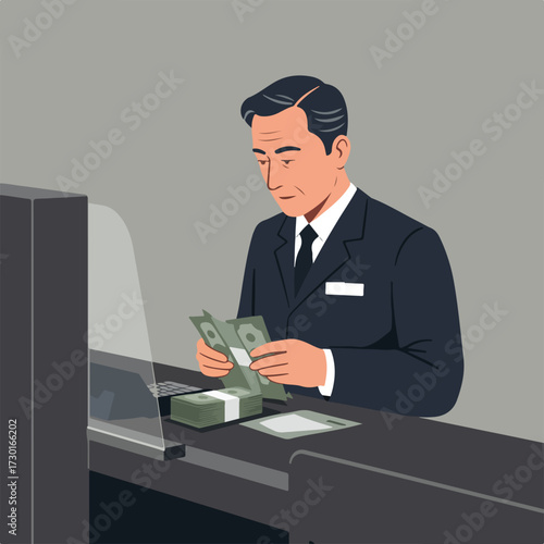 Banker counting cash stacks in teller window, minimalist style