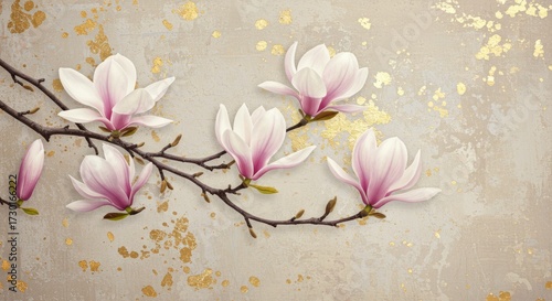 Pink magnolia wallpaper on warm beige — delicate floral mural in watercolor illustration, romantic home decor