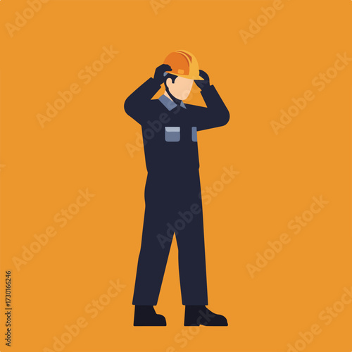 Man in overalls puts on a hard hat against orange backdrop
