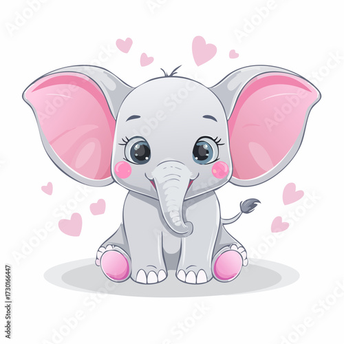 Cute cartoon baby elephant with big lovely eyes and pink ears sitting happily. Sweet animal character illustration with hearts on a white background