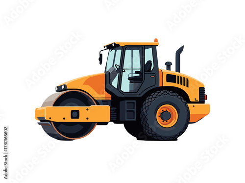 Pixelated Yellow Heavy Road Roller Construction Vehicle on White Background