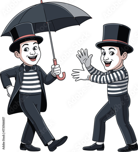 Cartoon mime characters, striped costume performers, black top hat, umbrella prop, white face makeup, theatrical pantomime art, playful silent comedy illustration