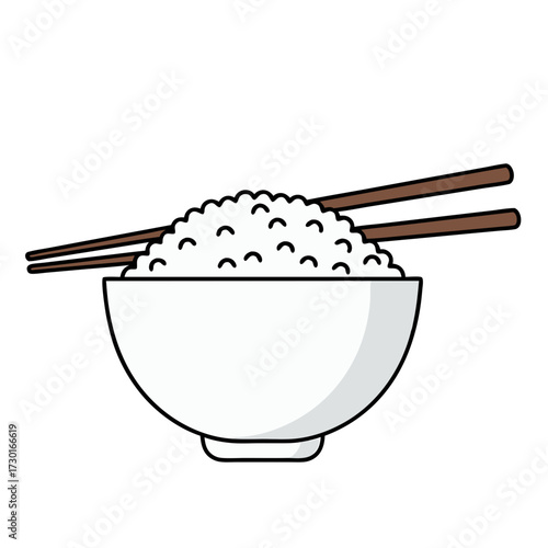 Pixel Art Illustration of a White Rice Bowl with Chopsticks on a White Background