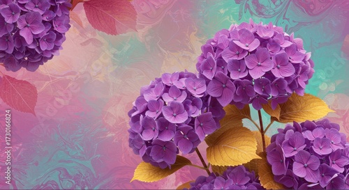 Purple hydrangea wallpaper on pastel gradient with soft glow — romantic watercolor mural for serene bedrooms.