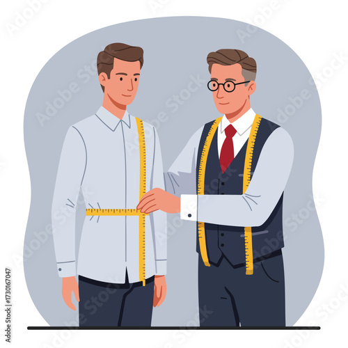 Tailor measures client with yellow tape, both in smart casual attire